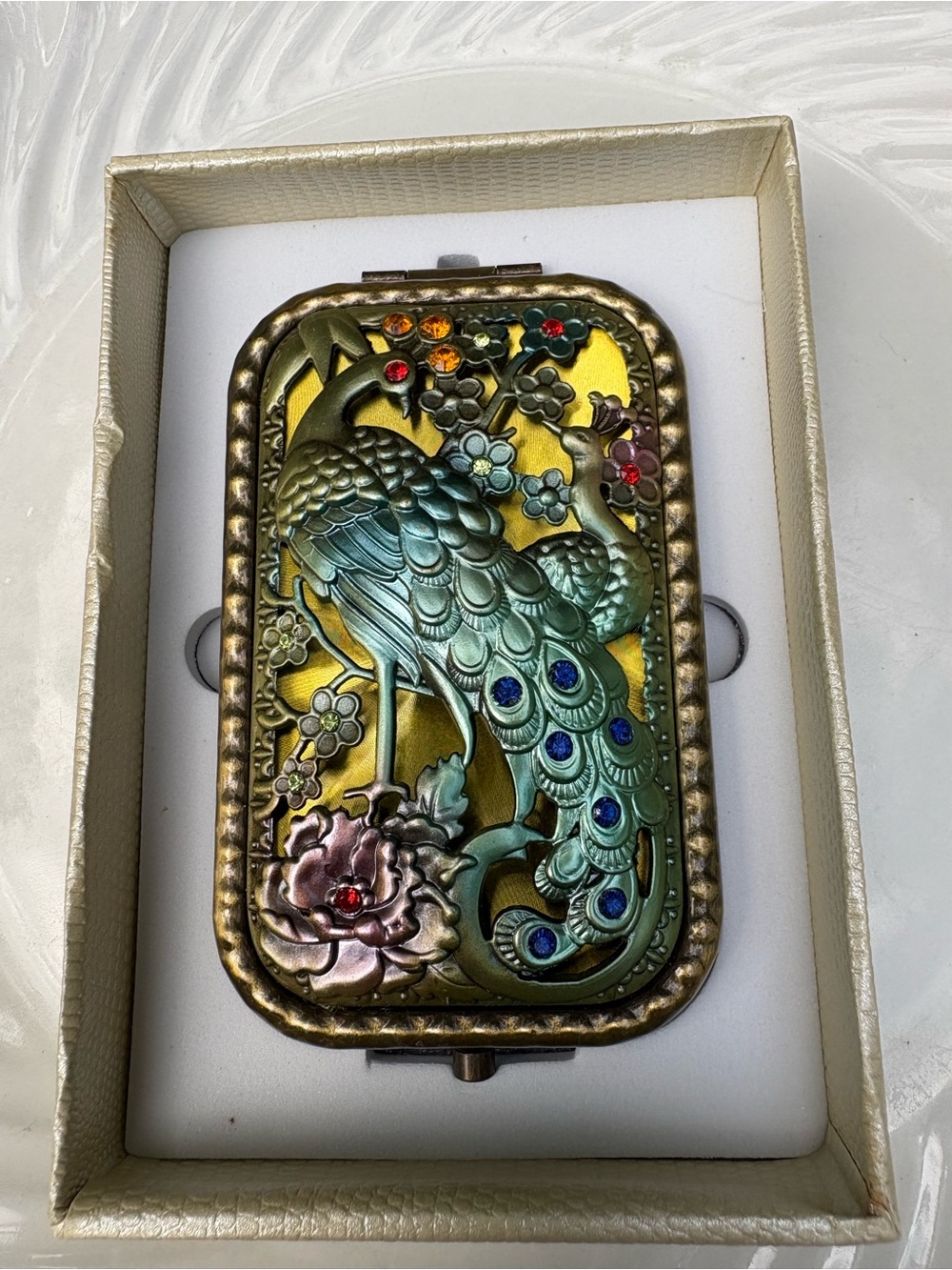 Peacock Metal Mirror Compact  with Gem Accents - Teal & Gold